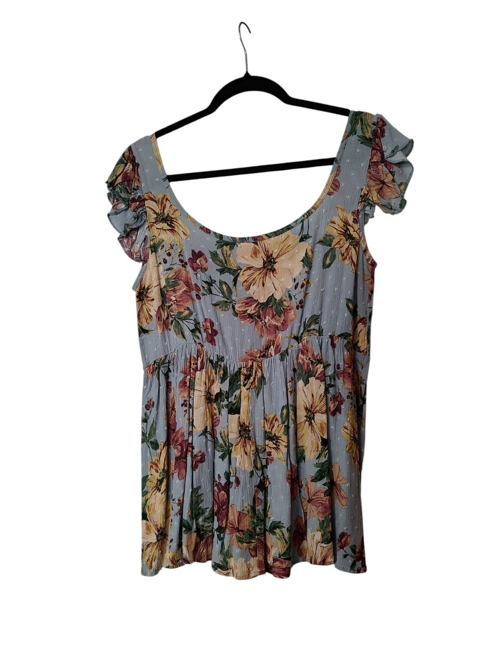 Anthropologie Light Blue Floral Baby Doll Top With Ruffle Sleeves - Picture 3 of 3